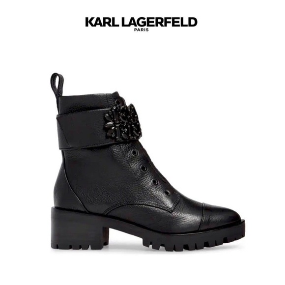 KARL LAGERFELD Black Pippa Crystal Embellished Platform Ankle Combat Boots - Picture 3 of 12